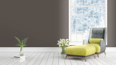 Büyük pencere ile modern parlak iç. 3D render