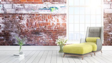 Büyük pencere ile modern parlak iç. 3D render