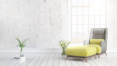 Büyük pencere ile modern parlak iç. 3D render