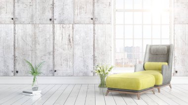 Büyük pencere ile modern parlak iç. 3D render