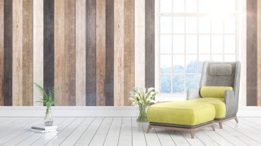 Büyük pencere ile modern parlak iç. 3D render