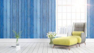 Büyük pencere ile modern parlak iç. 3D render