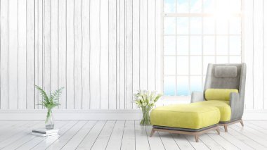 Büyük pencere ile modern parlak iç. 3D render