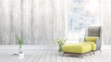 Büyük pencere ile modern parlak iç. 3D render