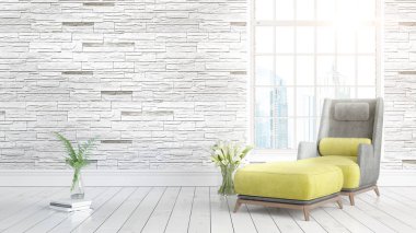 Büyük pencere ile modern parlak iç. 3D render