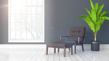 Büyük pencere ile modern parlak iç. 3D render