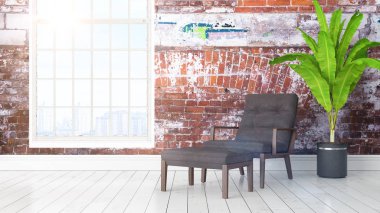 Büyük pencere ile modern parlak iç. 3D render