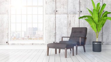 Büyük pencere ile modern parlak iç. 3D render