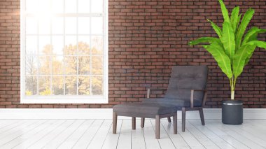 Büyük pencere ile modern parlak iç. 3D render