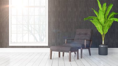 Büyük pencere ile modern parlak iç. 3D render