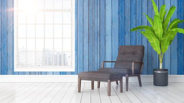 Büyük pencere ile modern parlak iç. 3D render