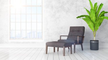 Büyük pencere ile modern parlak iç. 3D render