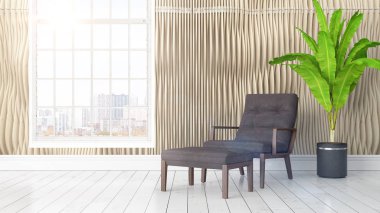 Büyük pencere ile modern parlak iç. 3D render