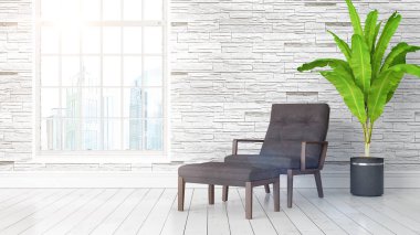Büyük pencere ile modern parlak iç. 3D render