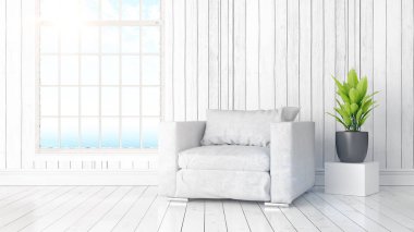 Büyük pencere ile modern parlak iç. 3D render