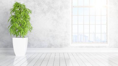 Büyük pencere ile modern parlak iç. 3D render