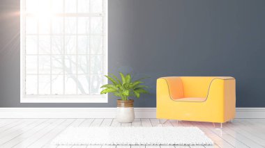 Büyük pencere ile modern parlak iç. 3D render