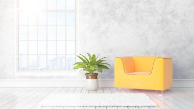 Büyük pencere ile modern parlak iç. 3D render