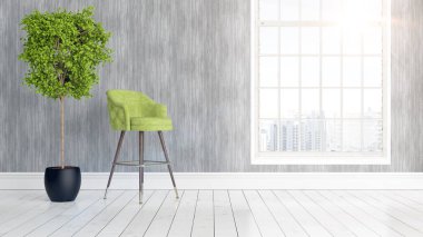 Büyük pencere ile modern parlak iç. 3D render
