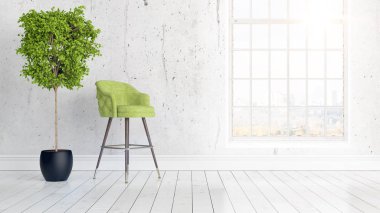 Büyük pencere ile modern parlak iç. 3D render