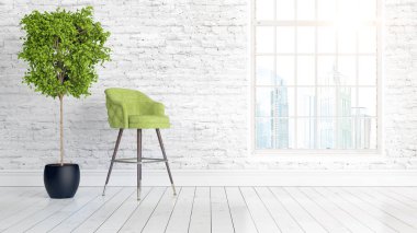 Büyük pencere ile modern parlak iç. 3D render