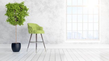 Büyük pencere ile modern parlak iç. 3D render
