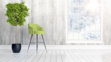 Büyük pencere ile modern parlak iç. 3D render
