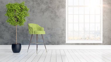 Büyük pencere ile modern parlak iç. 3D render