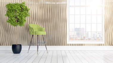 Büyük pencere ile modern parlak iç. 3D render
