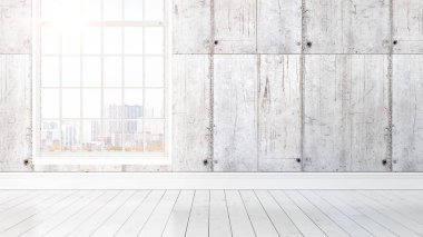 Büyük pencere ile modern parlak iç. 3D render