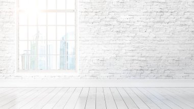Büyük pencere ile modern parlak iç. 3D render