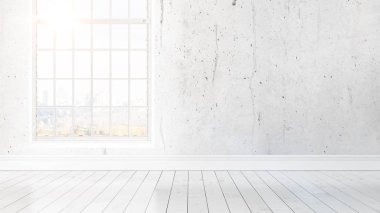 Büyük pencere ile modern parlak iç. 3D render