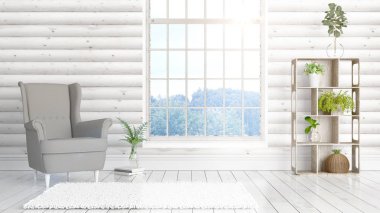 Büyük pencere ile modern parlak iç. 3D render