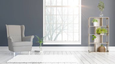 Büyük pencere ile modern parlak iç. 3D render