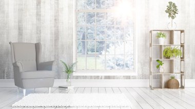Büyük pencere ile modern parlak iç. 3D render