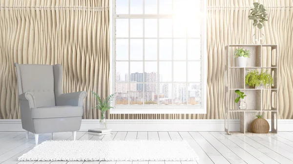 Moderno interno luminoso con grande finestra. Rendering 3D — Foto Stock
