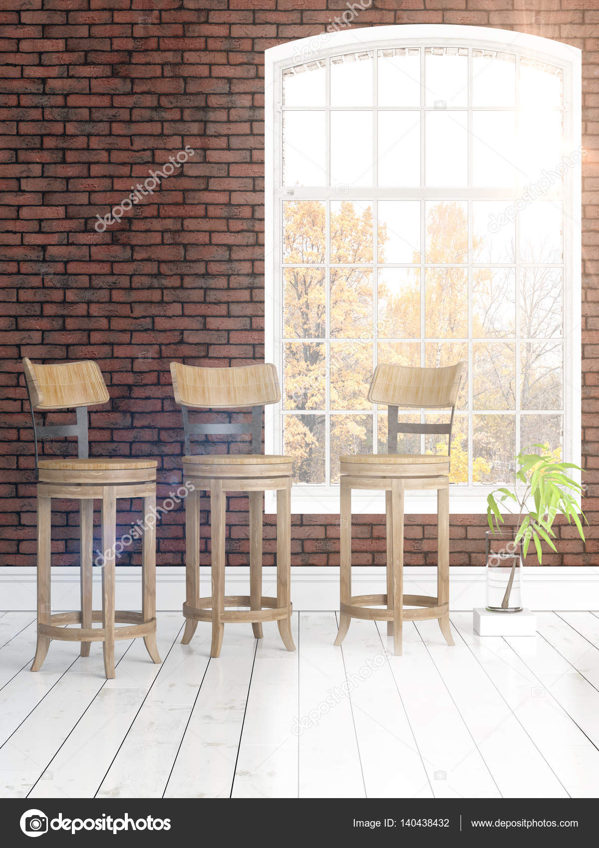 Modern ljus inredning med stora fönster. 3d rendering ...