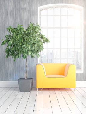 Büyük pencere ile modern parlak iç. 3D render