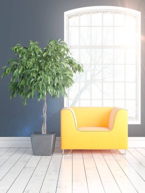 Büyük pencere ile modern parlak iç. 3D render