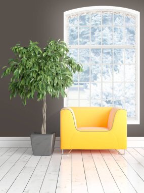 Büyük pencere ile modern parlak iç. 3D render