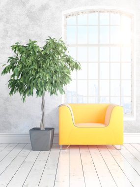 Büyük pencere ile modern parlak iç. 3D render