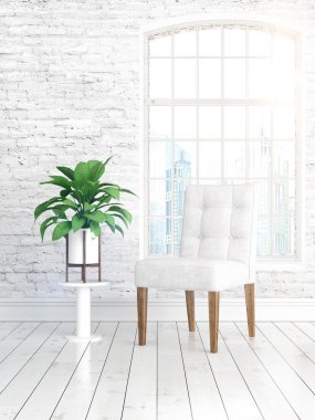 Büyük pencere ile modern parlak iç. 3D render