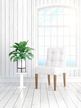 Büyük pencere ile modern parlak iç. 3D render