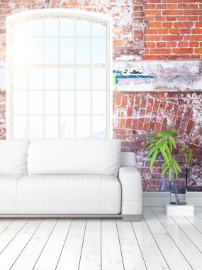 Büyük pencere ile modern parlak iç. 3D render