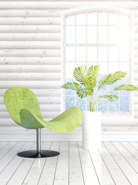 Büyük pencere ile modern parlak iç. 3D render