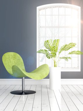 Büyük pencere ile modern parlak iç. 3D render
