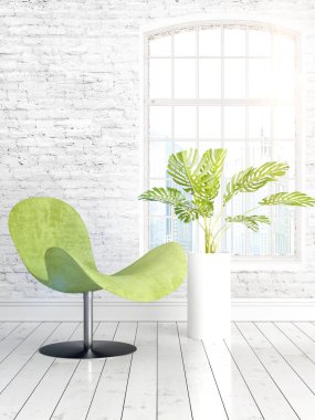 Büyük pencere ile modern parlak iç. 3D render