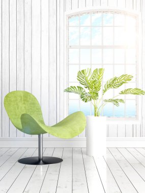 Büyük pencere ile modern parlak iç. 3D render