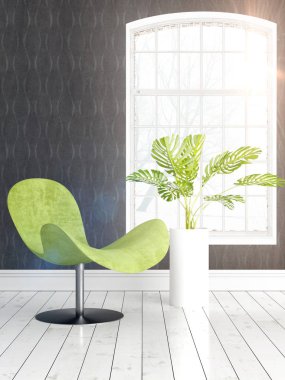 Büyük pencere ile modern parlak iç. 3D render