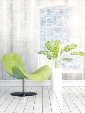 Büyük pencere ile modern parlak iç. 3D render